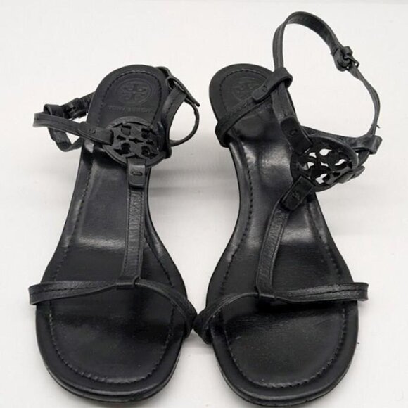 Tory Burch Shoes - Tory Burch Black Leather T Strap Wedge Sandals Size 8M Logo Medallion- LIKE NEW